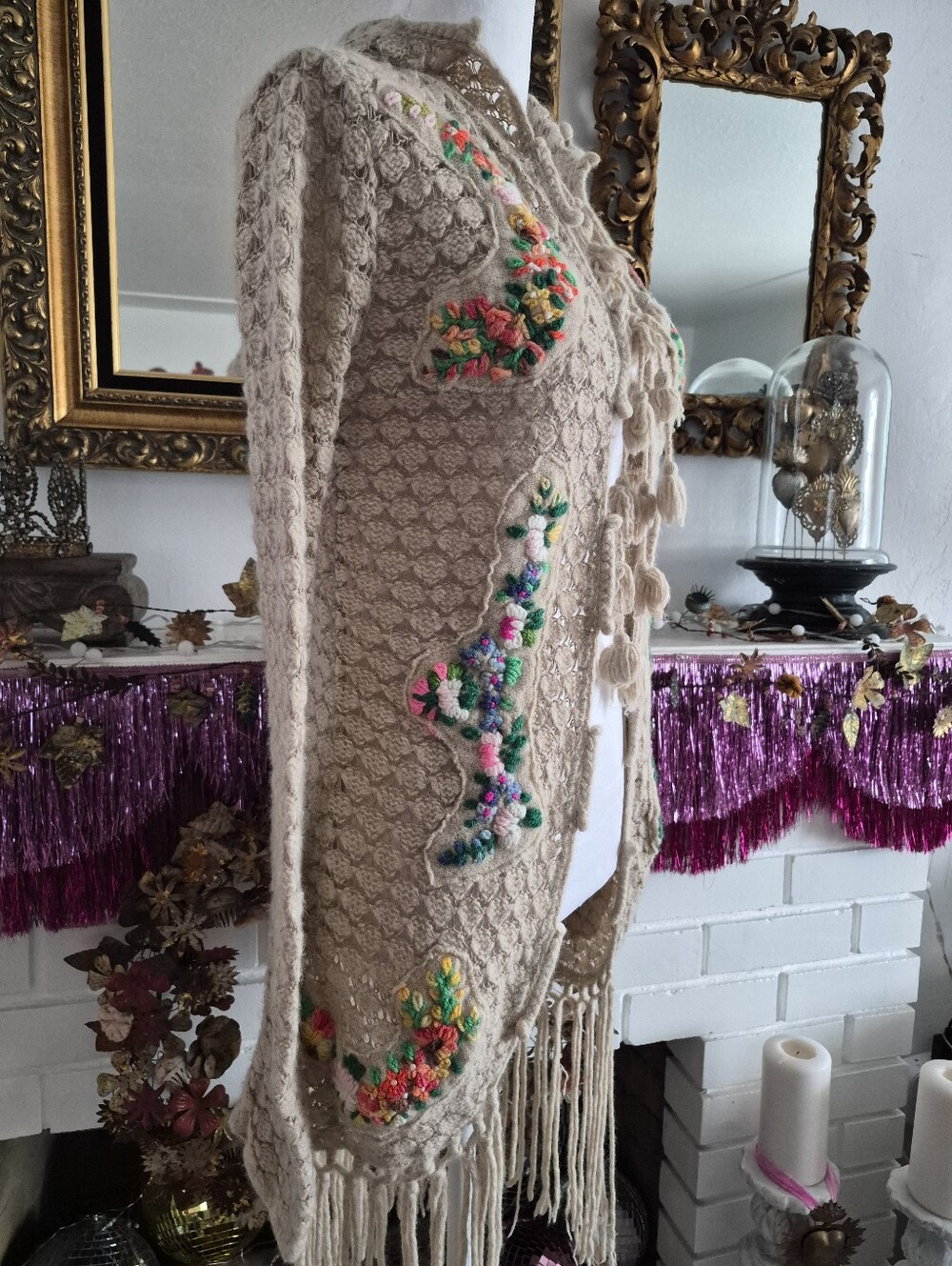 Free People Boho Crochet Fringe Cardigan Sweater - Beige with Floral Embroidery - Picture 4 of 5